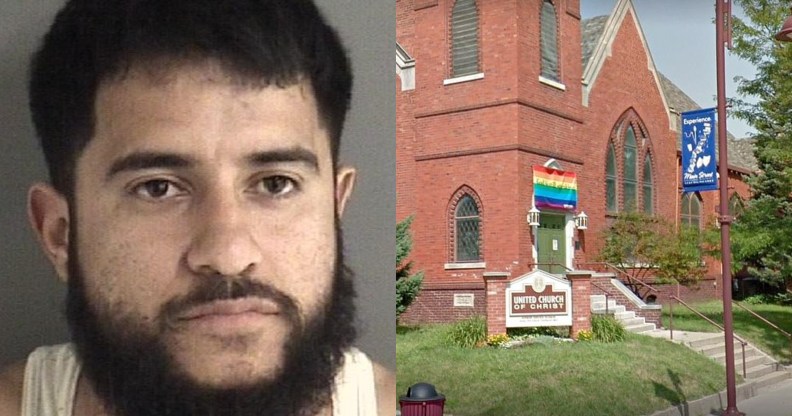 Adolfo Martinez was sentenced to at least 15 years jail time after setting the Pride flag outside a church on fire. (Ames Police Department/Screenshot via Google Maps)