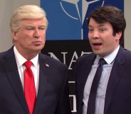 Alec Baldwin as Donald Trump, Jimmy Kimmel as Emmanuel Macron on SNL