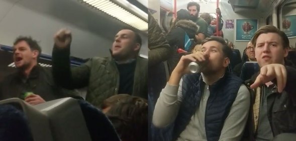 Shocking video footage shows a group of louts shouting a vile, misogynistic chant and using homophobic and transphobic language on a packed London train