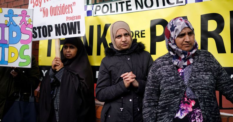 Protestors demonstrate against the 'No Outsiders' programme, at Parkfield Community School on March 21, 2019 in Birmingham, England.