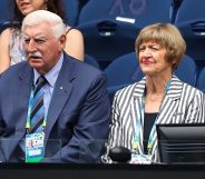 Margaret Court and husband Barrymore Court watch the Women's Singles on day one of the 2020 Australian Open at Melbourne Park