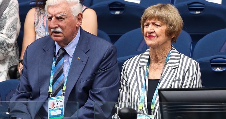 Margaret Court and husband Barrymore Court watch the Women's Singles on day one of the 2020 Australian Open at Melbourne Park