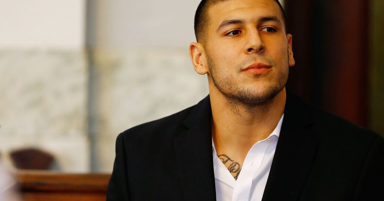 Aaron Hernandez sits in the courtroom of the Attleboro District Court during his hearing on August 22, 2013 in North Attleboro, Massachusetts. (Jared Wickerham/Getty Images)