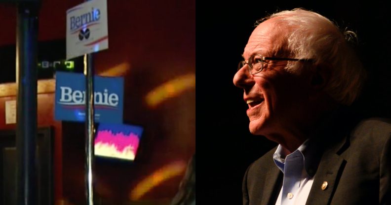 Bernie Sanders supporters staged a rally at a gay bar, decorating a dancer's poll with signs. (STEPHEN MATUREN/AFP via Getty Images/Screen capture via ABC News_