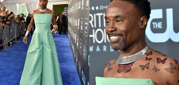 Billy Porter in a green jumpsuit with butterfly tattoos