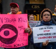 HIV protestors outside of CBS New York's headquarters.