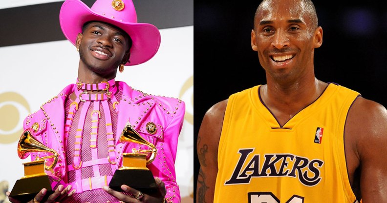 Lil Nas X holding his Grammy Awards / Kobe Bryant in a Lakers jersey