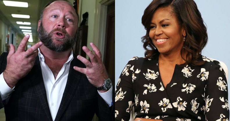 Alex Jones (L) thinks Michelle Obama is trans and we are so very tired. (Getty Images)