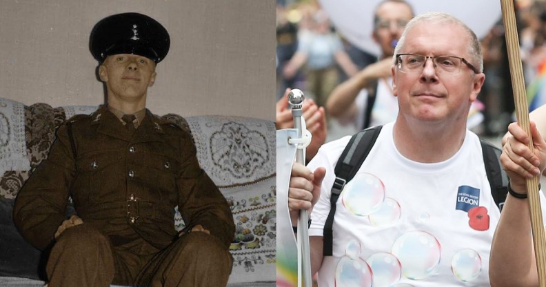 Trevor Skingle after joining the Army in 1974 - and marching at Pride in London in 2019