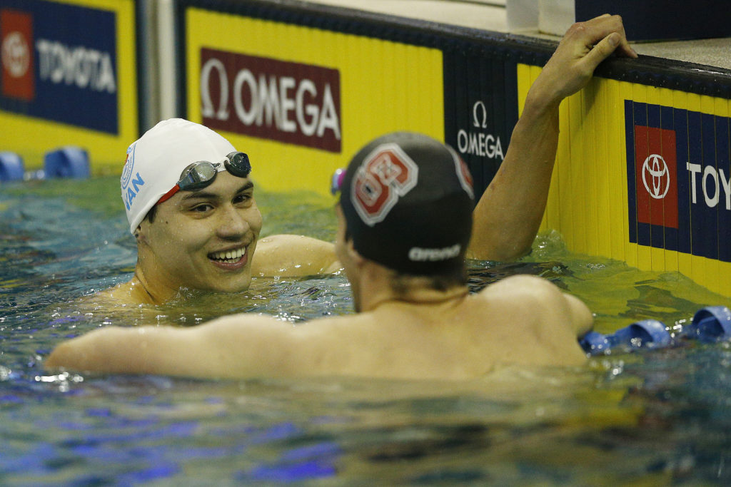 Markus Thormeyer of Canada celebrates after winning the Men's 100 LC Meter Backstroke final during day three of the 2019 Toyota U.S. Open Championships. (Michael Reaves/Getty Images)