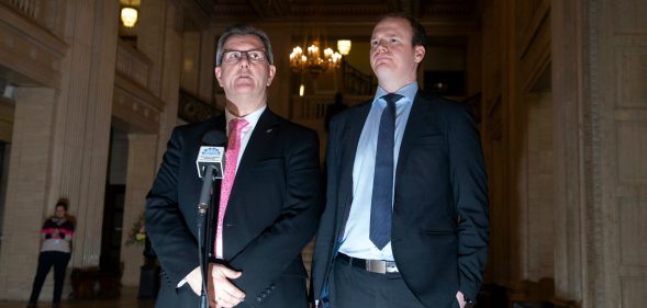 DUP Westminster leader Jeffrey Donaldson (L) alongside DUP MLA Gordon Lyons (R). (Charles McQuillan/Getty Images)