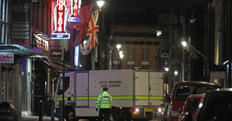 A Royal Engineer Bomb Disposal van arrives outside the Soho Theatre on Dean Street in the Soho area of central London on February 3, 2020. (ISABEL INFANTES/AFP via Getty Images)