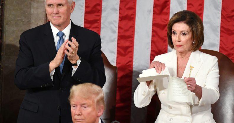 Speaker of the US House of Representatives Nancy Pelosi rips a copy of US President Donald Trumps speech after he delivered the State of the Union address at the US Capitol in Washington, DC. (MANDEL NGAN/AFP via Getty Images)