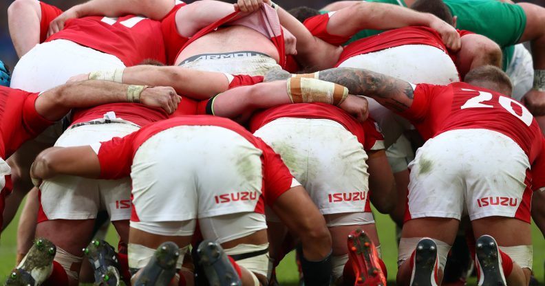 A photo showing Wales' rugby team in a scrum position during an Ireland v Wales Six Nations game