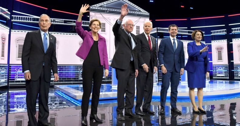 Democratic presidential candidates Mike Bloomberg, Elizabeth Warren, Bernie Sanders, Joe Biden, Pete Buttigieg and Amy Klobuchar