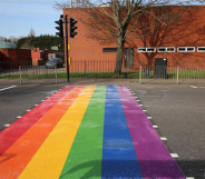 The LGBT+ Pride flag crossing outside Woodside High School attracted hundreds of online complaints. (Woodside High School/Instagram)