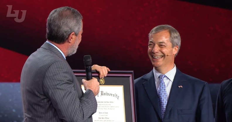 Brexit Party leader Nigel Farage was awarded an honorary doctorate by Liberty University