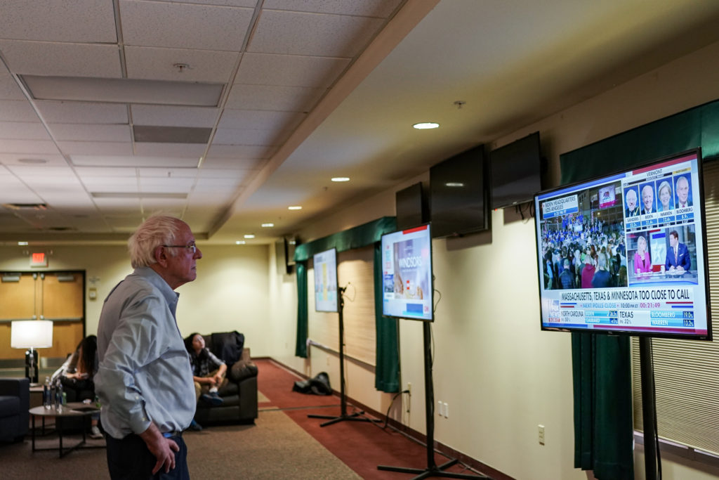 Bernie Sanders watches Super Tuesday results as they come. (Salwan Georges/The Washington Post via Getty Images)