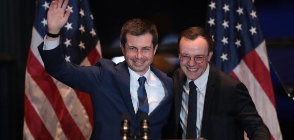 Pete Buttigieg with his husband Chasten in South Bend, Indiana, where he announced he was dropping out of the presidential race