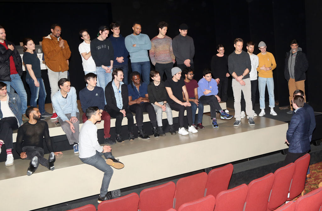 Pete Buttigieg and husband Chasten Buttigieg speak with the cast and company backstage at the hit play The Inhertance on Broadway