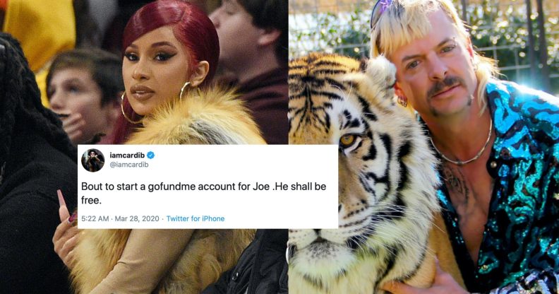 Cardi B (L) vowed to raise funds for jailed Tiger King star Joe Exotic through a GoFundMe page, but the platform refused her plea. (Kevin Mazur via Getty Images/Netflix)