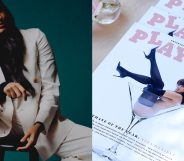 Jameela Jamil in an oversized white suit and a 2018 Playboy magazine cover