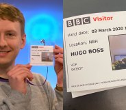 Joe Lycett holding a BBC visitor pass with the name Hugo Boss