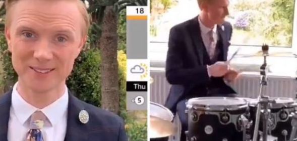 Owain Wyn Evans, who fronts North West Tonight, drummed the opening tune to the news while in his home under lockdown. (Screen captures via Twitter)