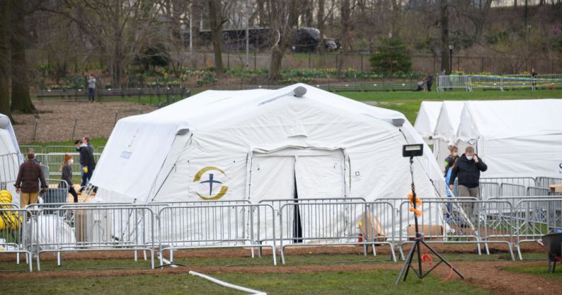 A temporary hospital is built in Central Park on the East Meadow lawn during the Coronavirus pandemic on March 31, 2020 in New York City