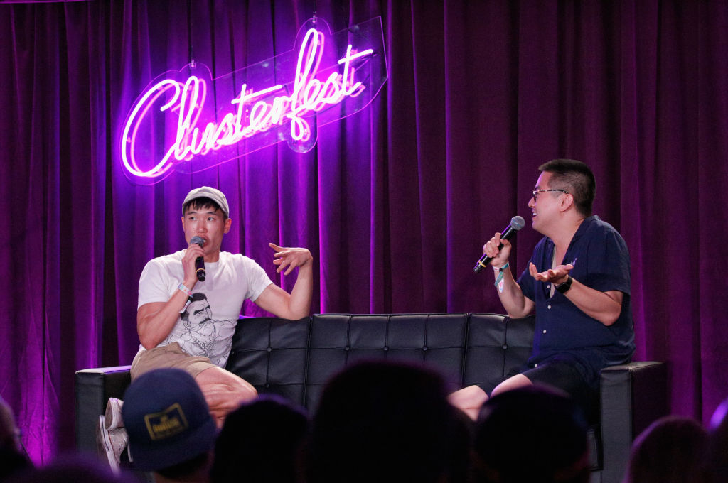 Joel Kim Booster and Bowen Yang onstage in 2018 in San Francisco, California. 