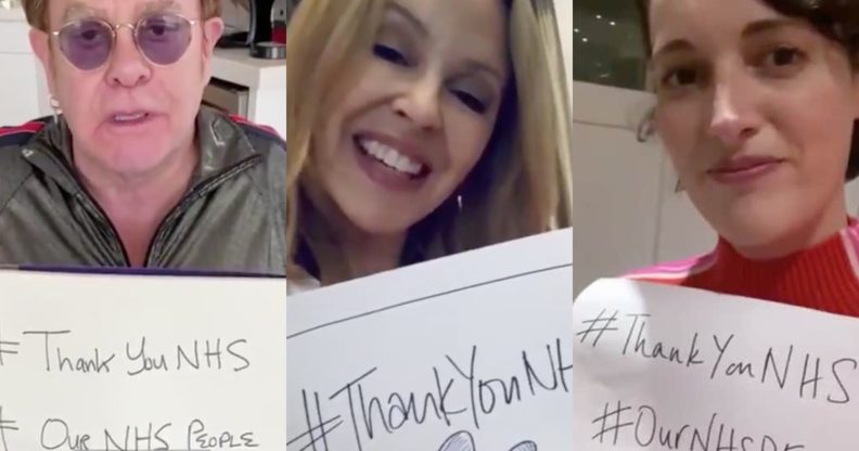 (From L-R) Elton John, Kylie Minogue and Phoebe Waller-Bridge and many more paid tribute to NHS workers shaken by the viral pandemic. (Screen captures via Twitter)