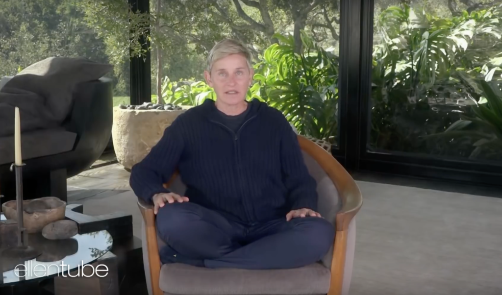 Ellen DeGeneres, after production of her show was suspended due to coronavirus, is back and is filming from her Los Angeles living room. (Screen capture via YouTube)