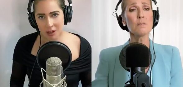 Behind microphone stands in their homes, Lady Gaga (L) joined Céline Dion to close the One World: Together at Home special. (Screen captures via Twitter)