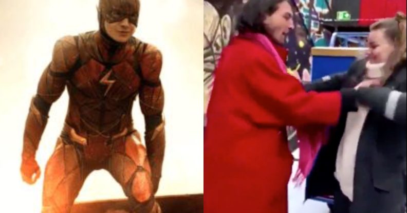 Ezra Miller's role in the upcoming 2022 movie The Flash is in jeopardy, a source close to Warner Bros has claimed, after the star was caught 'choking' a fan at a bar in Iceland. (Warner Bros/Screen capture via Twitter)