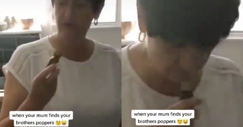 A mother nearly too pure for this world stumbled onto her son's bottle of poppers and mistook them for "smelling salts". (Screen captures via TikTok)