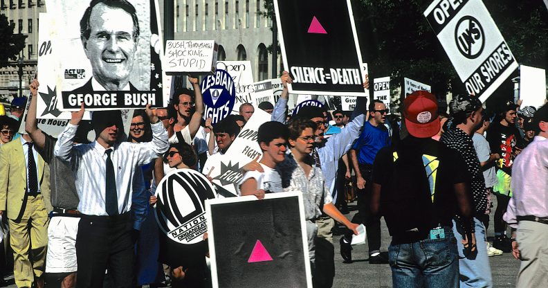 An LGBT+ Pride parade in Washington, DC, in 1991. The paranoia of the AIDS crisis that seized the country the decade-prior still lingered, and some have remarked that the sense of fear and anger is being repeated again during the coronavirus pandemic. (Mark Reinstein/Corbis via Getty Images)