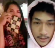 (L) Two trans women were handed instant noodle boxes by a YouTuber in Indonesia. Inside them were rotting vegetables and stones. (R) Ferdian Pelaka issues a fake apology video after backlash. (Screen capture via YouTube)