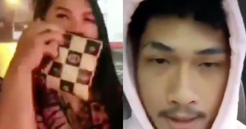 (L) Two trans women were handed instant noodle boxes by a YouTuber in Indonesia. Inside them were rotting vegetables and stones. (R) Ferdian Pelaka issues a fake apology video after backlash. (Screen capture via YouTube)