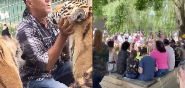 Jeff Lowe cuddles-up with big cats (L) as countless victors crowd the Tiger King Park for its grand re-opening. (Screen captures via Instagram)