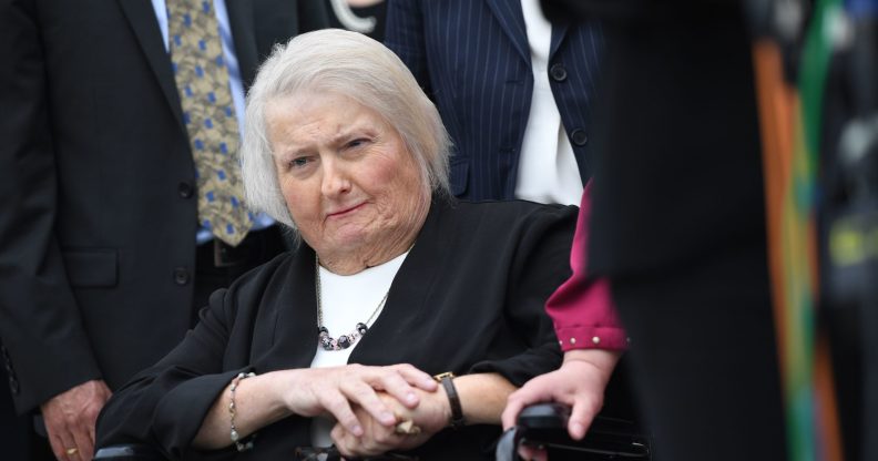 Transgender activist Aimee Stephens, sits in her wheelchair outside the US Supreme Court in Washington, DC, October 8, 2019