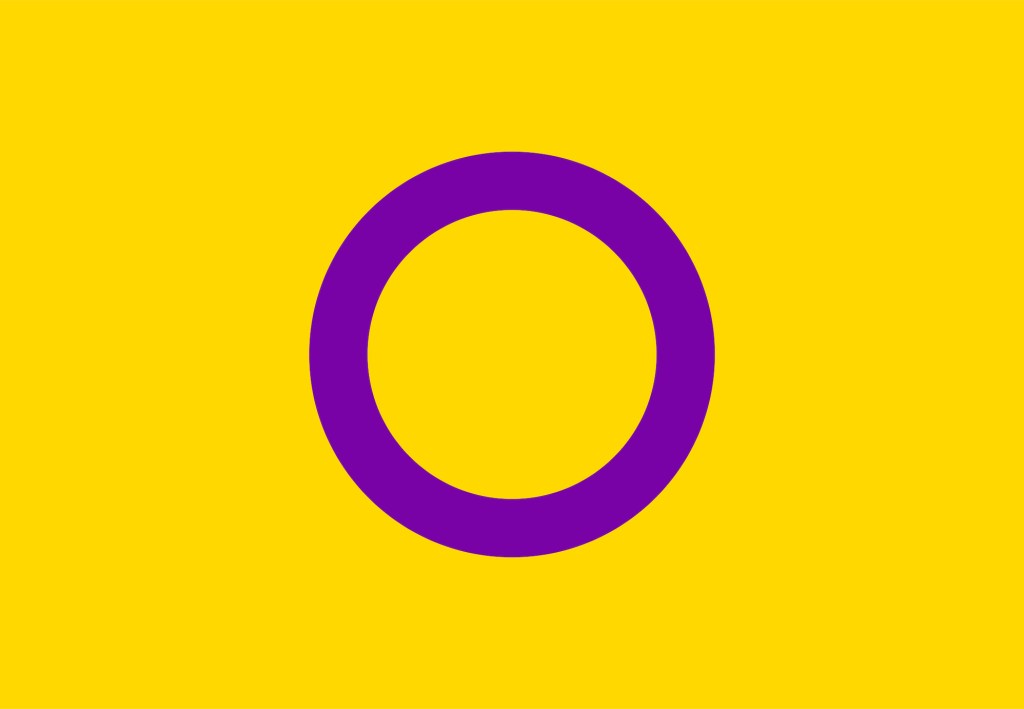 Intersex Pride flag colours of yellow with a purple circle in the centre