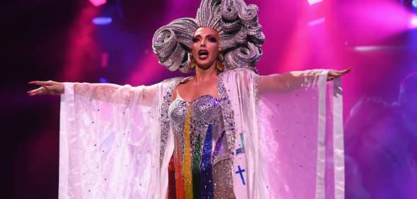 Alyssa Edwards wearing a rainbow tassled corset