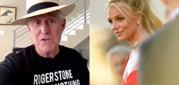 Roger Stone (L) has come out in support of the 'Free Britney Spears' movement. Yes, really. (Screen capture via Cameo/Getty/Valerie Macon)