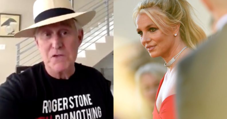 Roger Stone (L) has come out in support of the 'Free Britney Spears' movement. Yes, really. (Screen capture via Cameo/Getty/Valerie Macon)