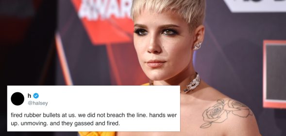 Halsey said she was struck by rubber bullets as riot police laid fire on Black Lives Matter demonstrators. (Twitter/Alberto E. Rodriguez/Getty Images)x