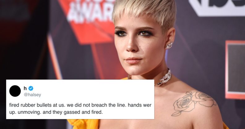 Halsey said she was struck by rubber bullets as riot police laid fire on Black Lives Matter demonstrators. (Twitter/Alberto E. Rodriguez/Getty Images)x