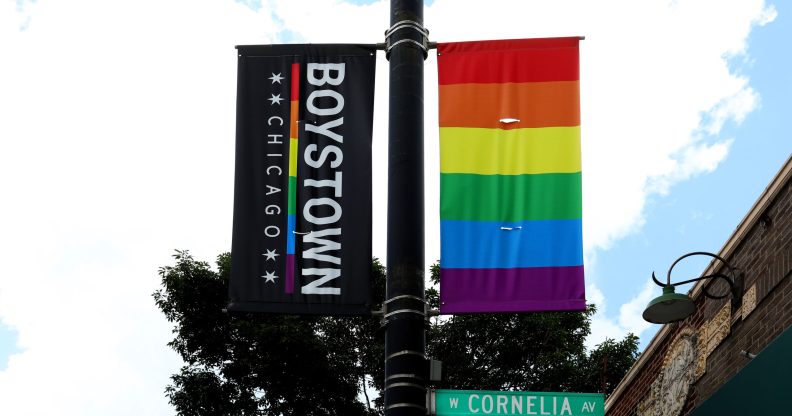 A Boystown Chicago banner hangs along Cornelia Avenue in the Boystown Lakeview neighborhood in Chicago, Illinois. (Raymond Boyd/Getty Images)