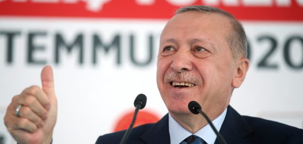 Turkish president Recep Erdoğan gestures. (Mustafa Kamaci/Anadolu Agency via Getty Images)