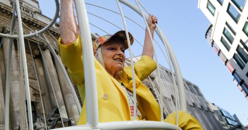 Vivienne Westwood in a cage outside the Old Bailey supporting Julian Assange. (Matthew Chattle/Barcroft Media via Getty Images)