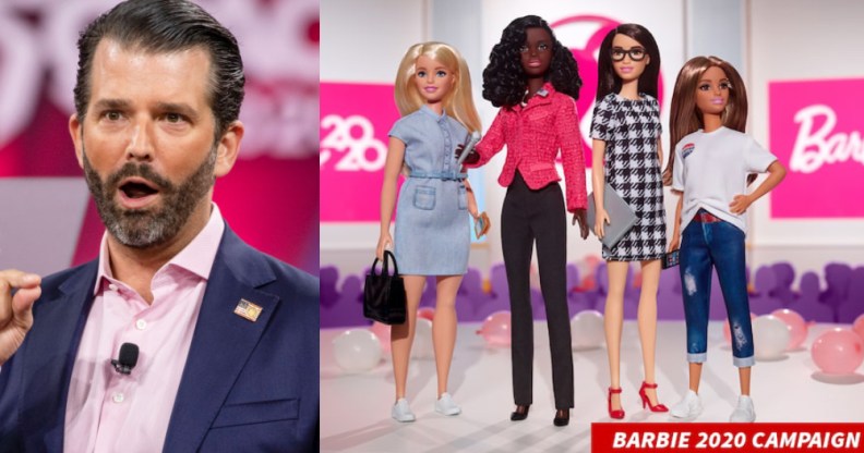 Donald Trump Jr, who exists, and the "Barbie Campaign Team" line. (Samuel Corum/Getty Images/Mattel)